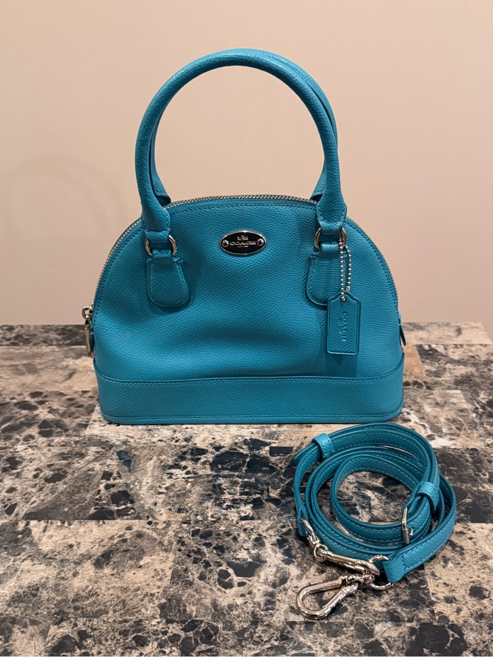 Coach Mini Cora Dome Satchel Crossbody Turquoise Blue Pebbled Leather - Picture 2 of 12